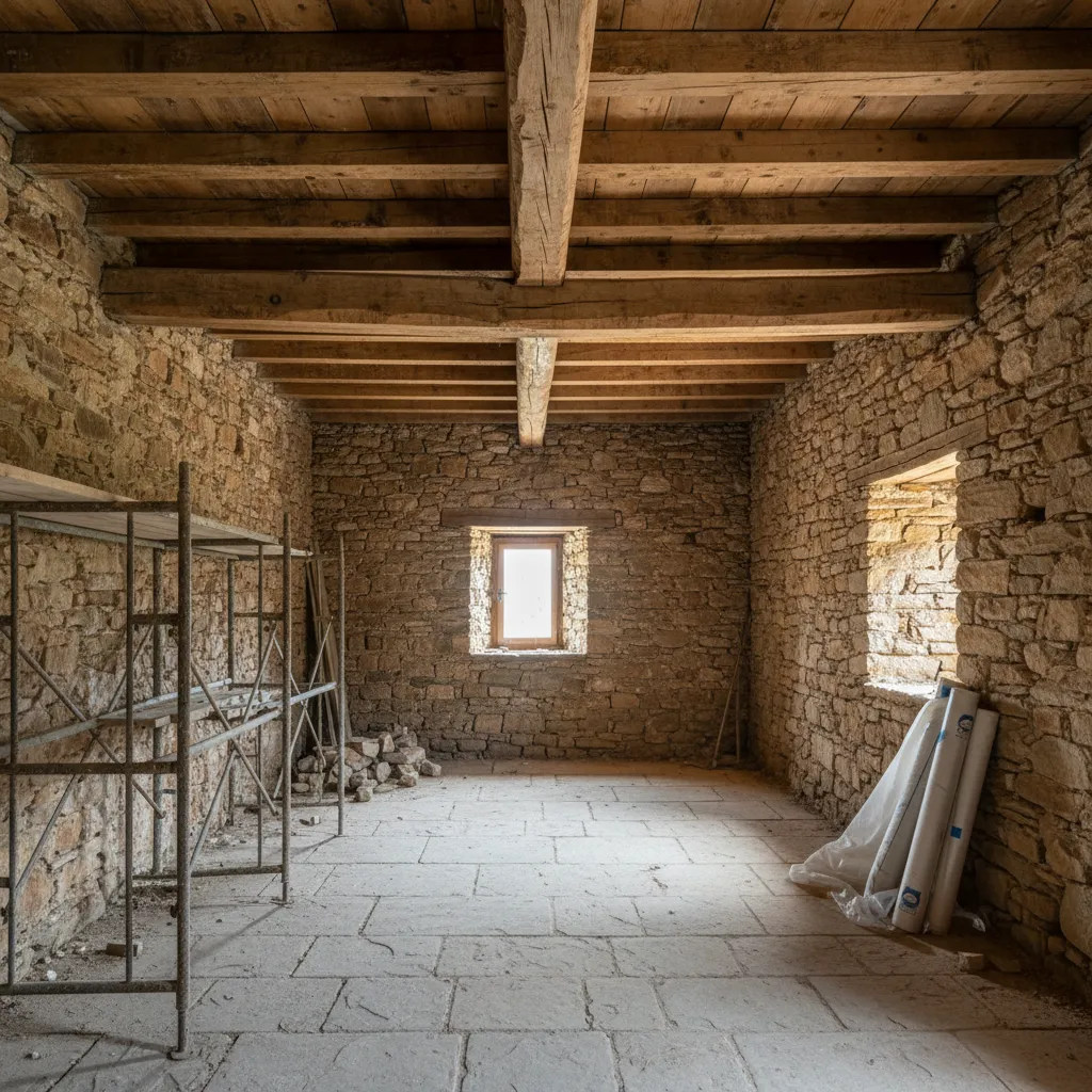 Estructura interior de una casa rural antigua con muros de piedra