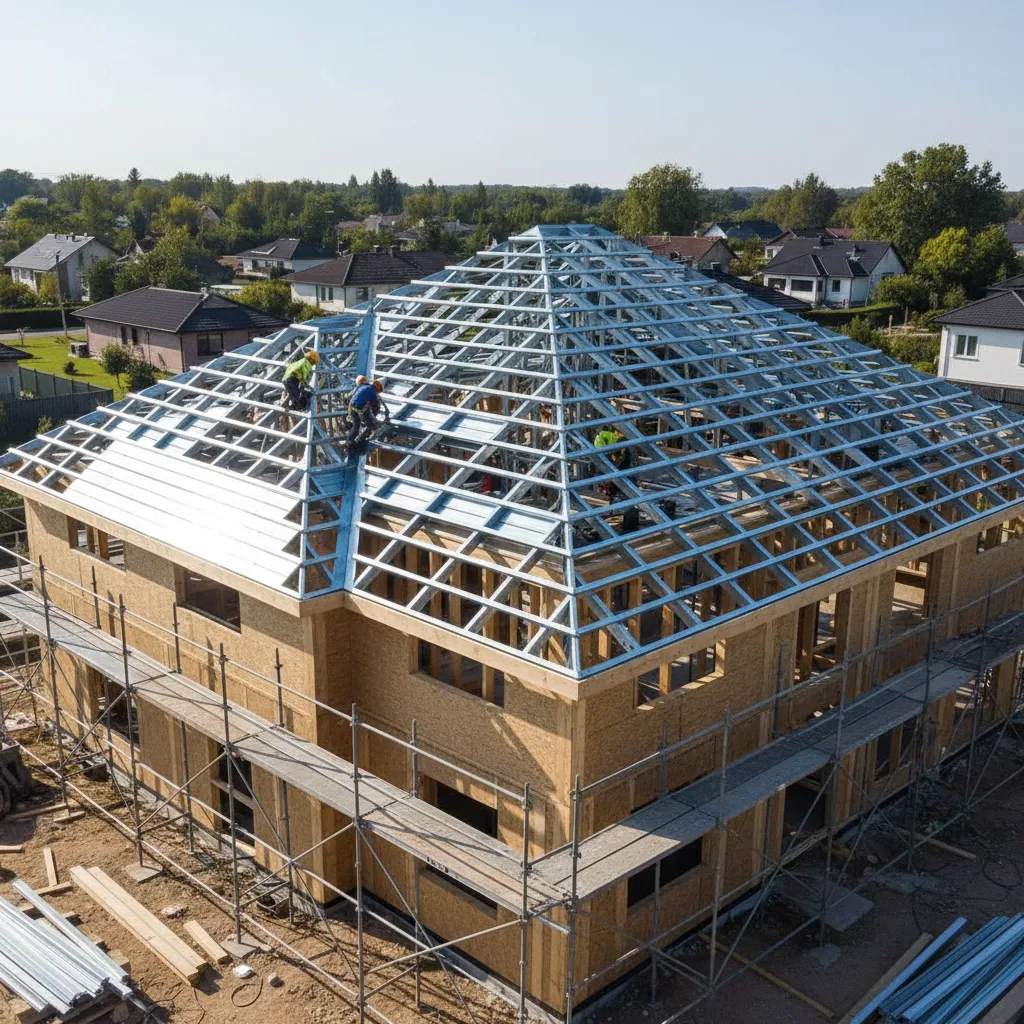 Estructura metálica de techo de lámina durante construcción