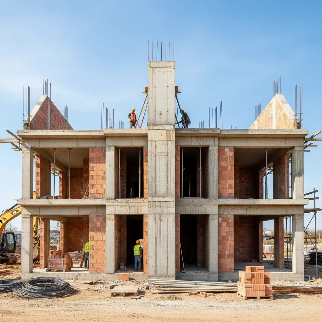 Estructura en construcción de dos casas pareadas con muro compartido