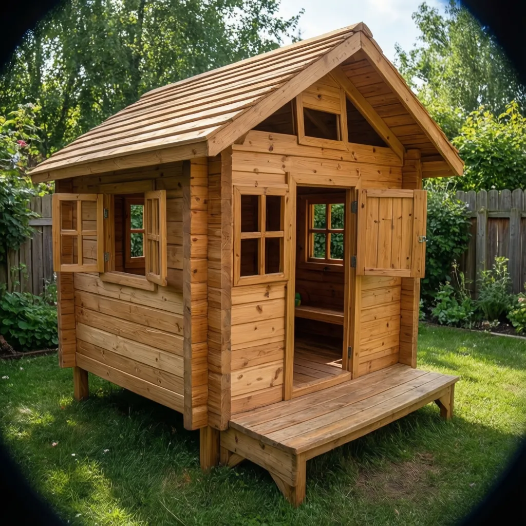 Estructura de una casita infantil de madera con ventanas grandes