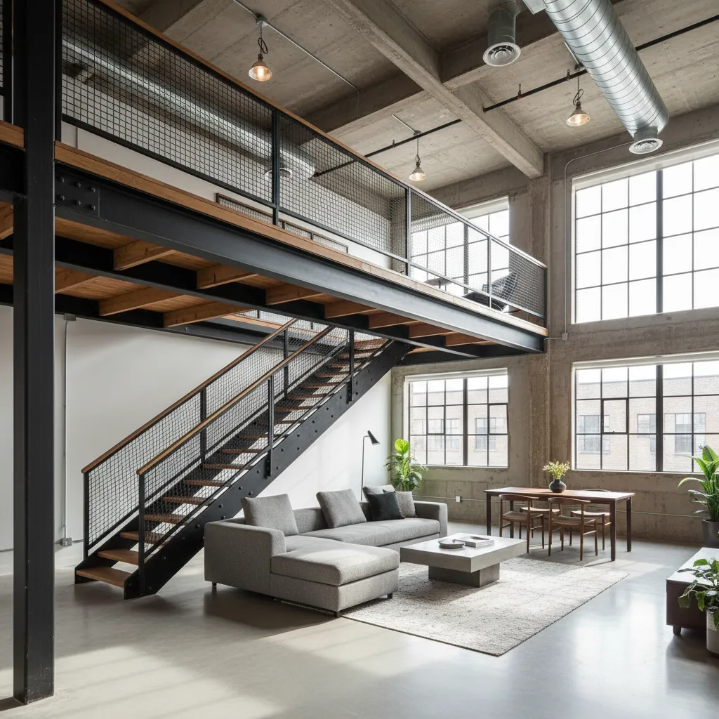 Vista lateral de un loft con entrepiso y escalera moderna
