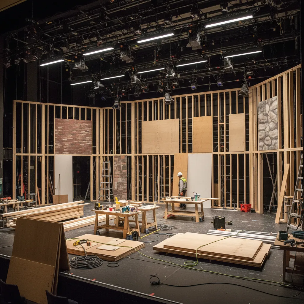 Estructura escenográfica ligera detrás de un decorado teatral