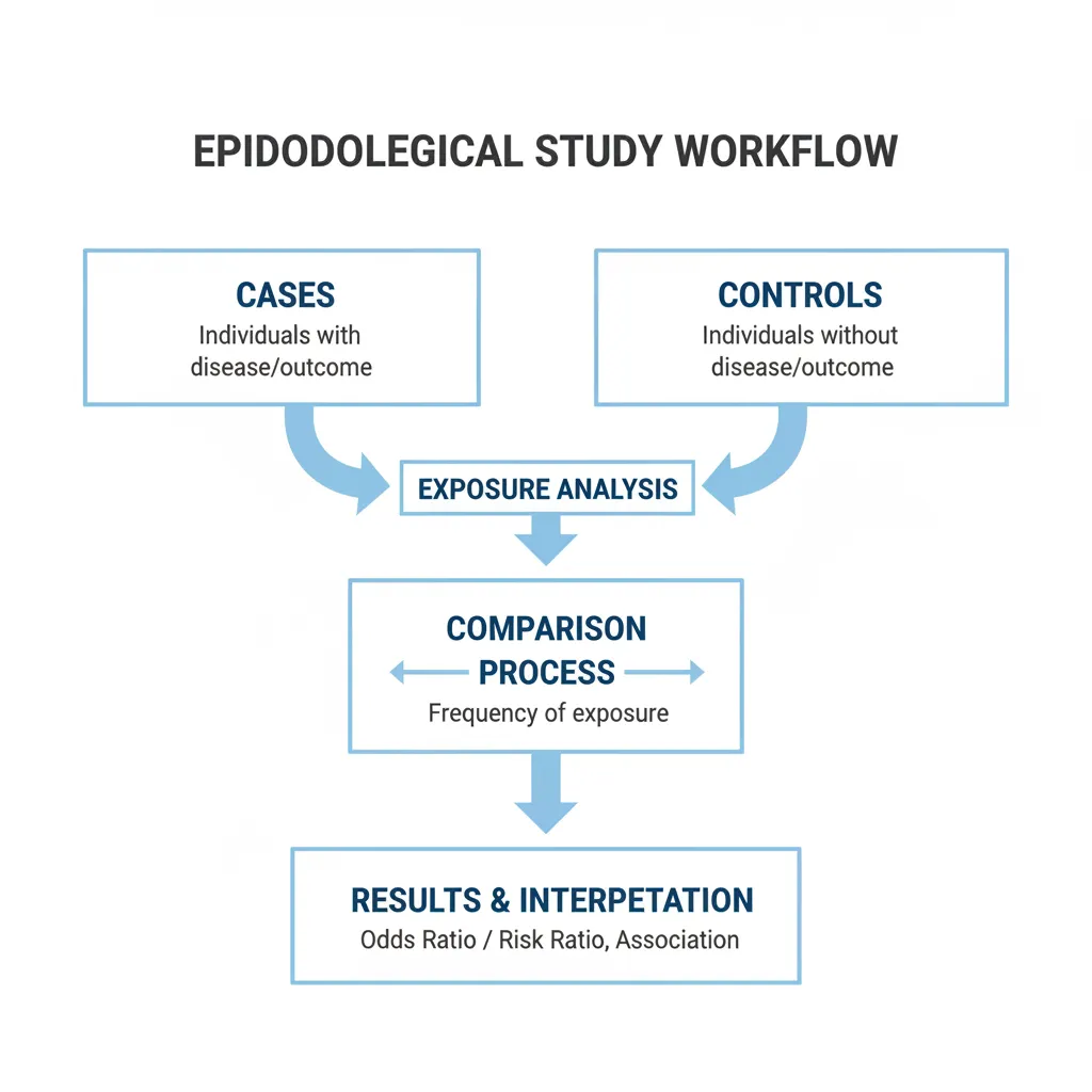 Esquema del proceso de un estudio de casos y controles desde selección de participantes hasta análisis