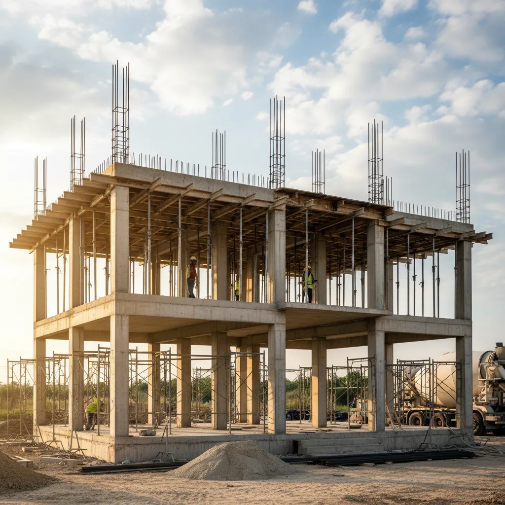 Casa de dos plantas en obra con columnas y vigas visibles