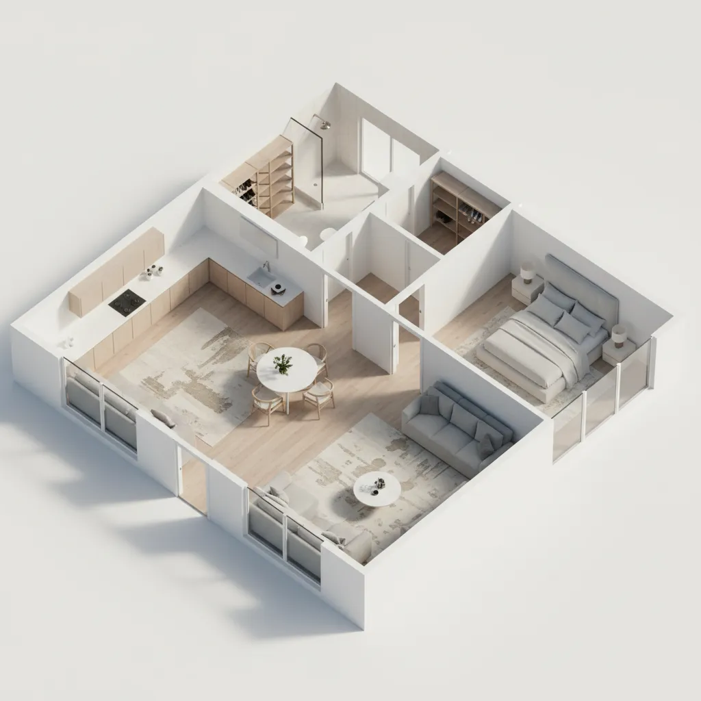 3D interior design drawing of a small apartment including kitchen, dining area, bedroom, and bathroom