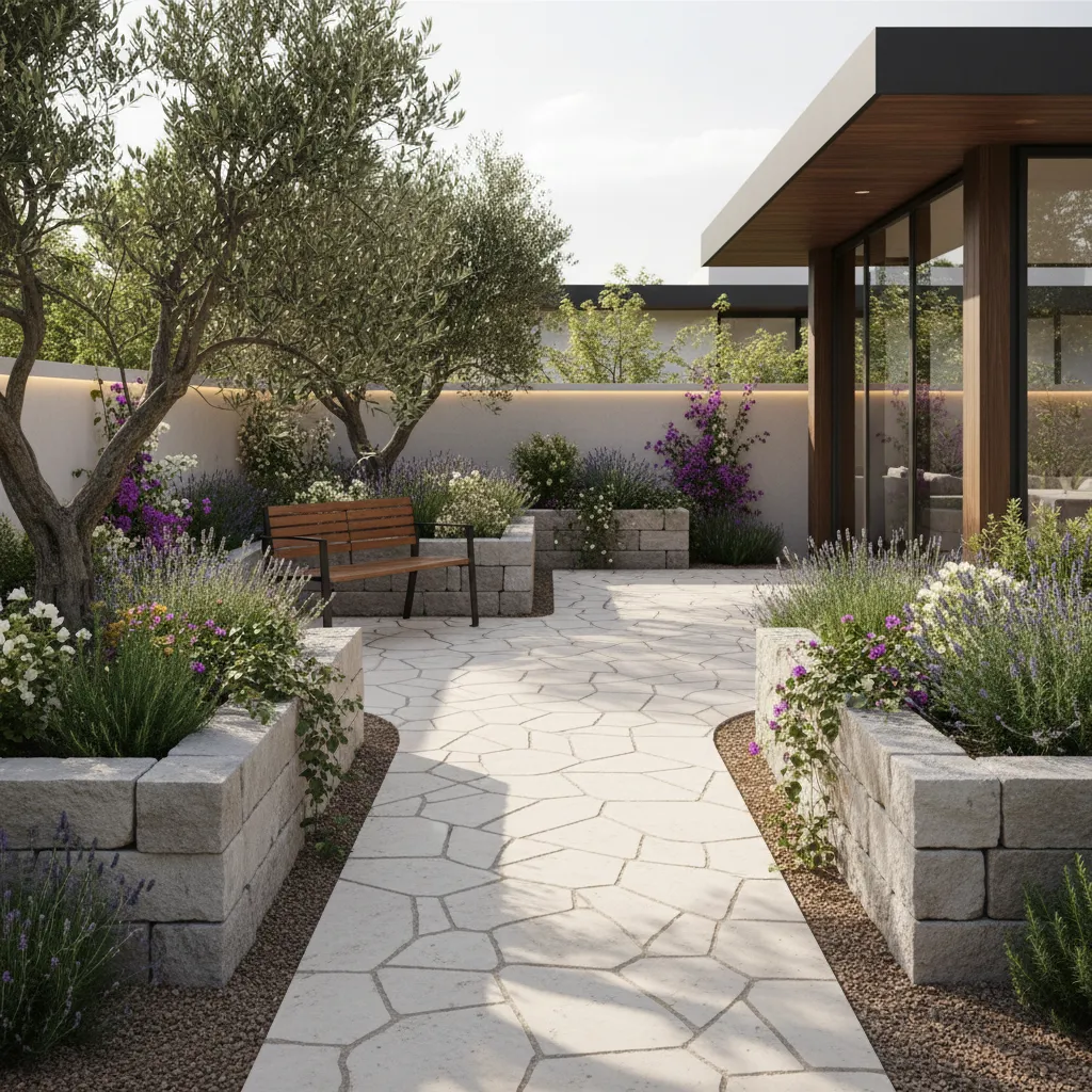 Stone garden path with stone walls wooden bench purple flowers green trees and modern building