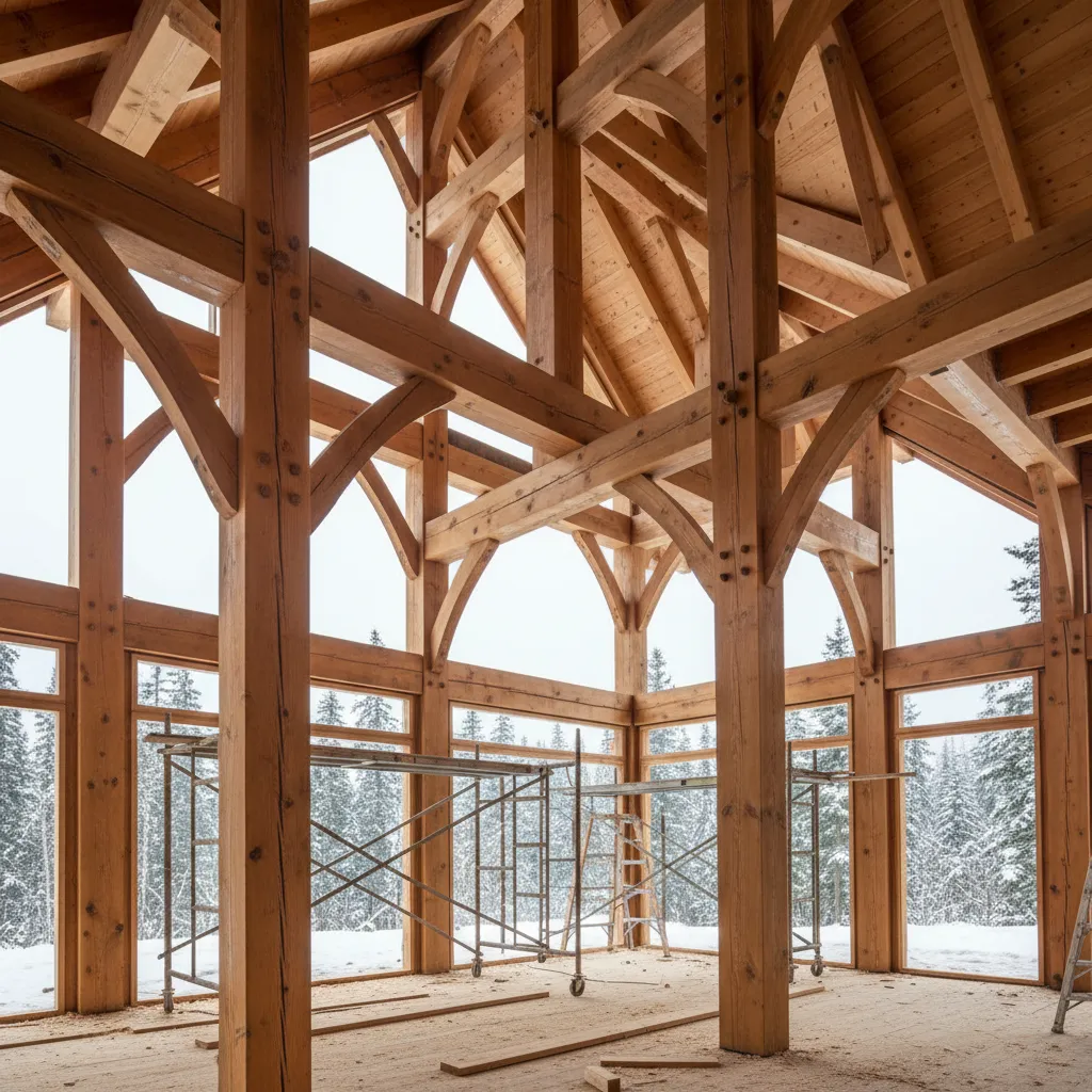 Detalle de estructura de madera en vivienda canadiense