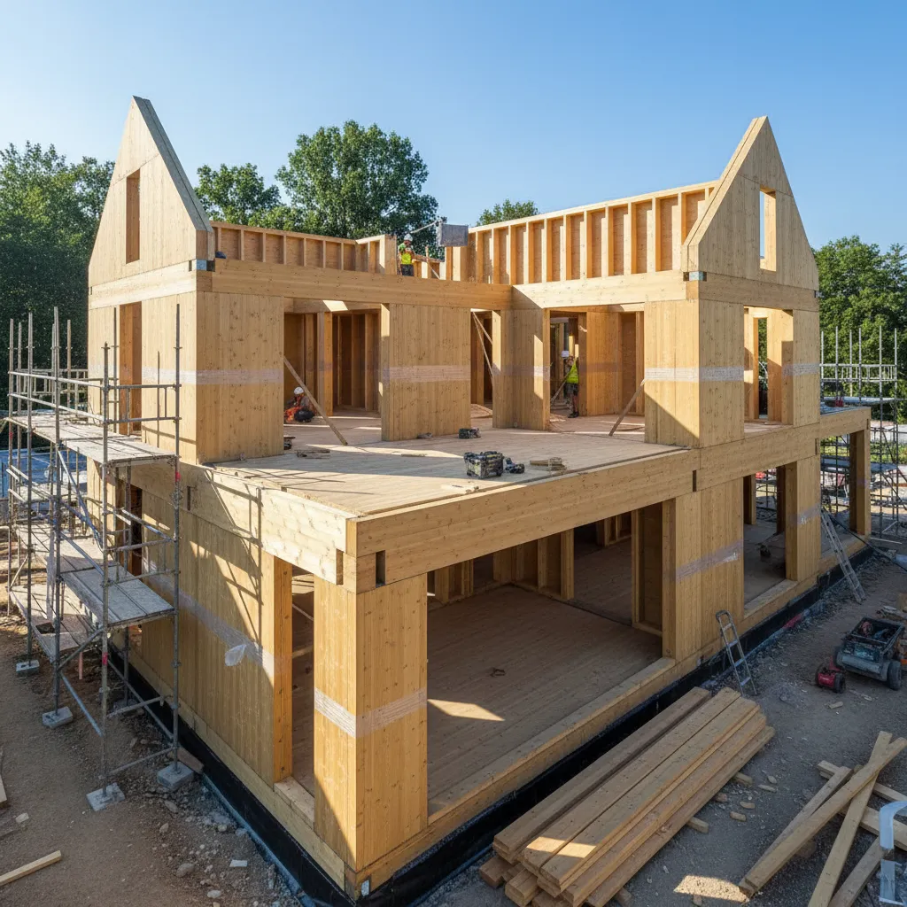 Estructura de vivienda construida con paneles de madera CLT