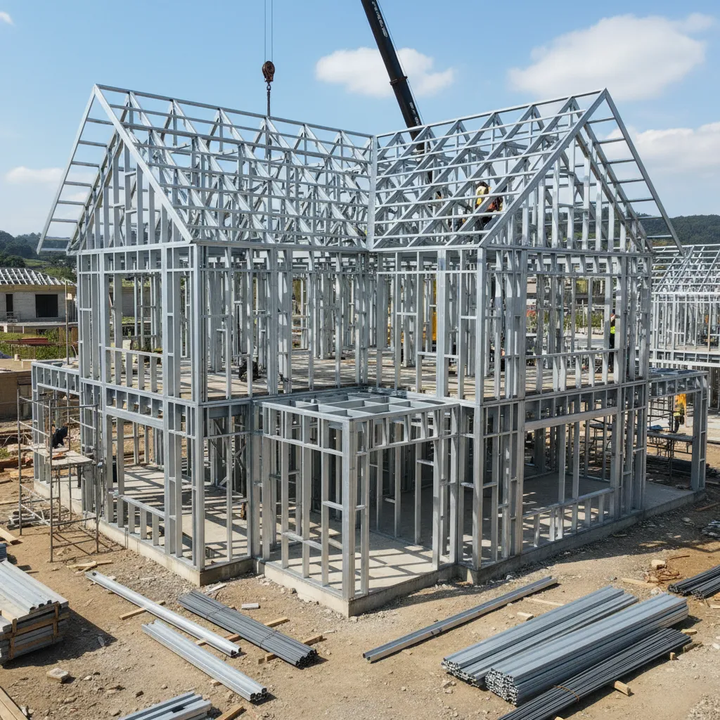 Estructura metálica completa de una casa con techo a dos aguas