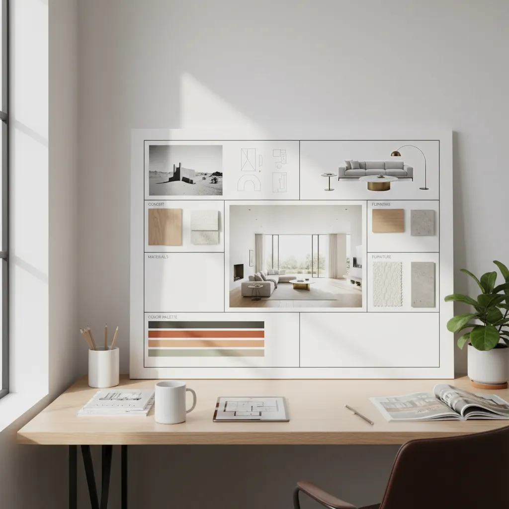 Plantilla de moodboard estructurada con secciones de concepto, materiales y mobiliario