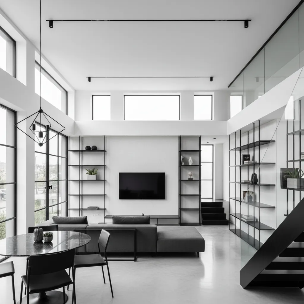 Interior moderno donde elementos negros estructuran el espacio visual
