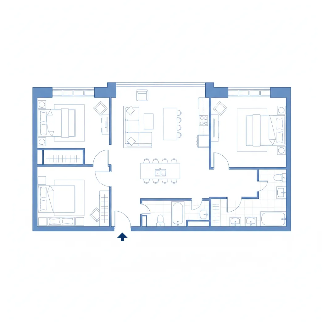 Plano 2D mostrando distribución de salón cocina dormitorios