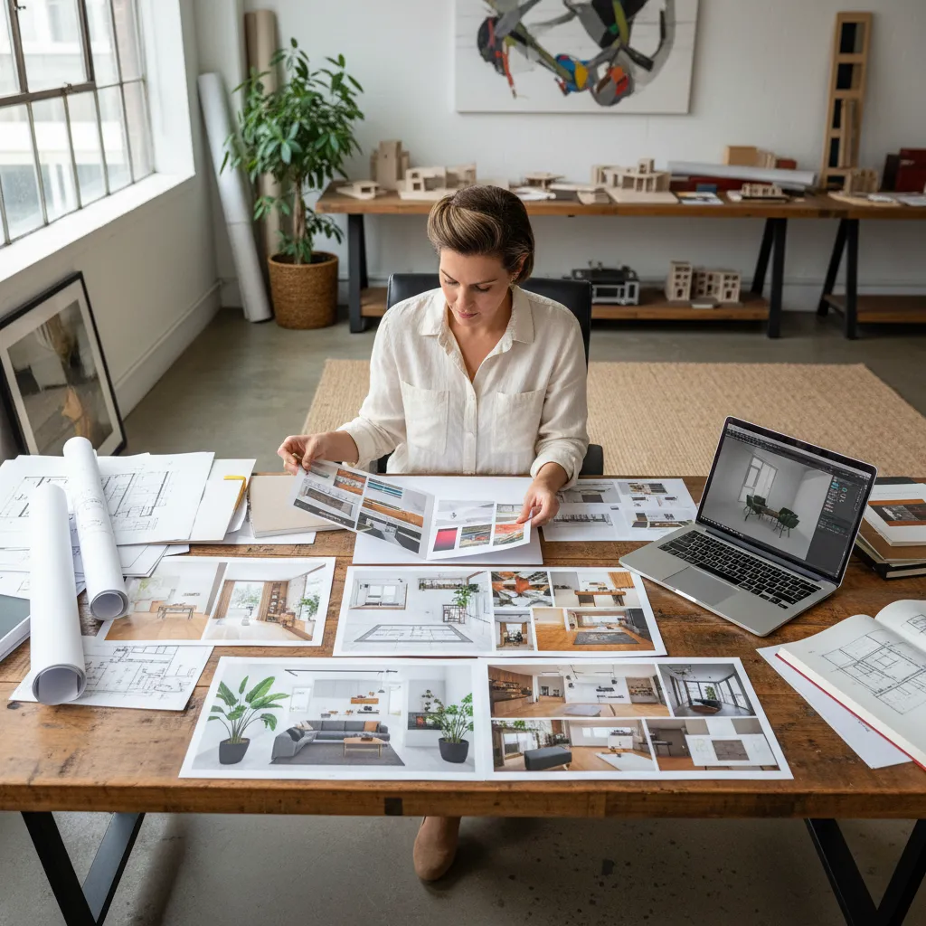 Interior designer reviewing room layout prints and mood boards at a desk with a laptop