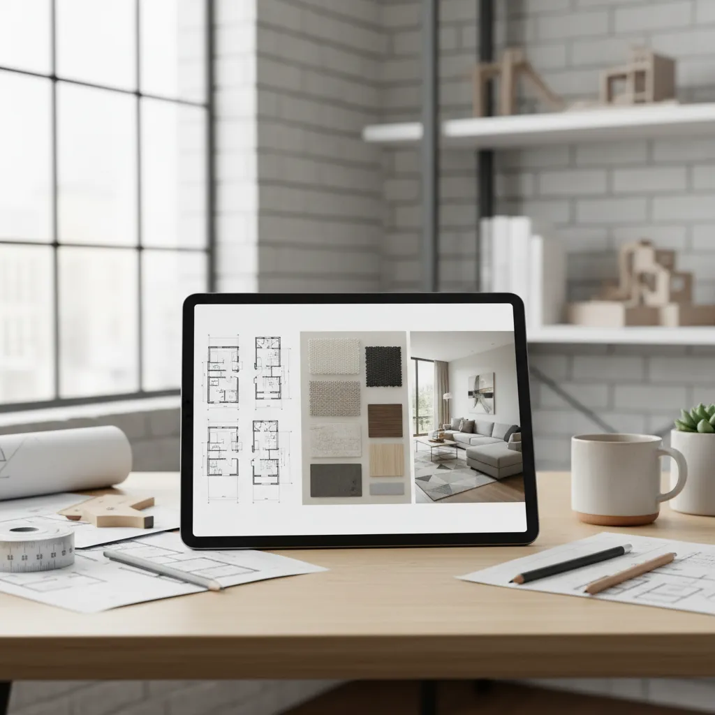 Ejemplo de estructura de proyecto dentro de un portafolio de interiorismo con planos y renders