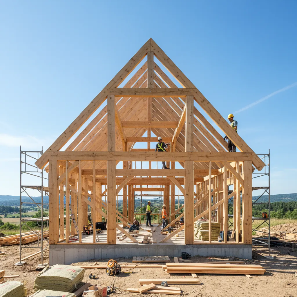 Estructura de madera de un techo de dos aguas en construcción