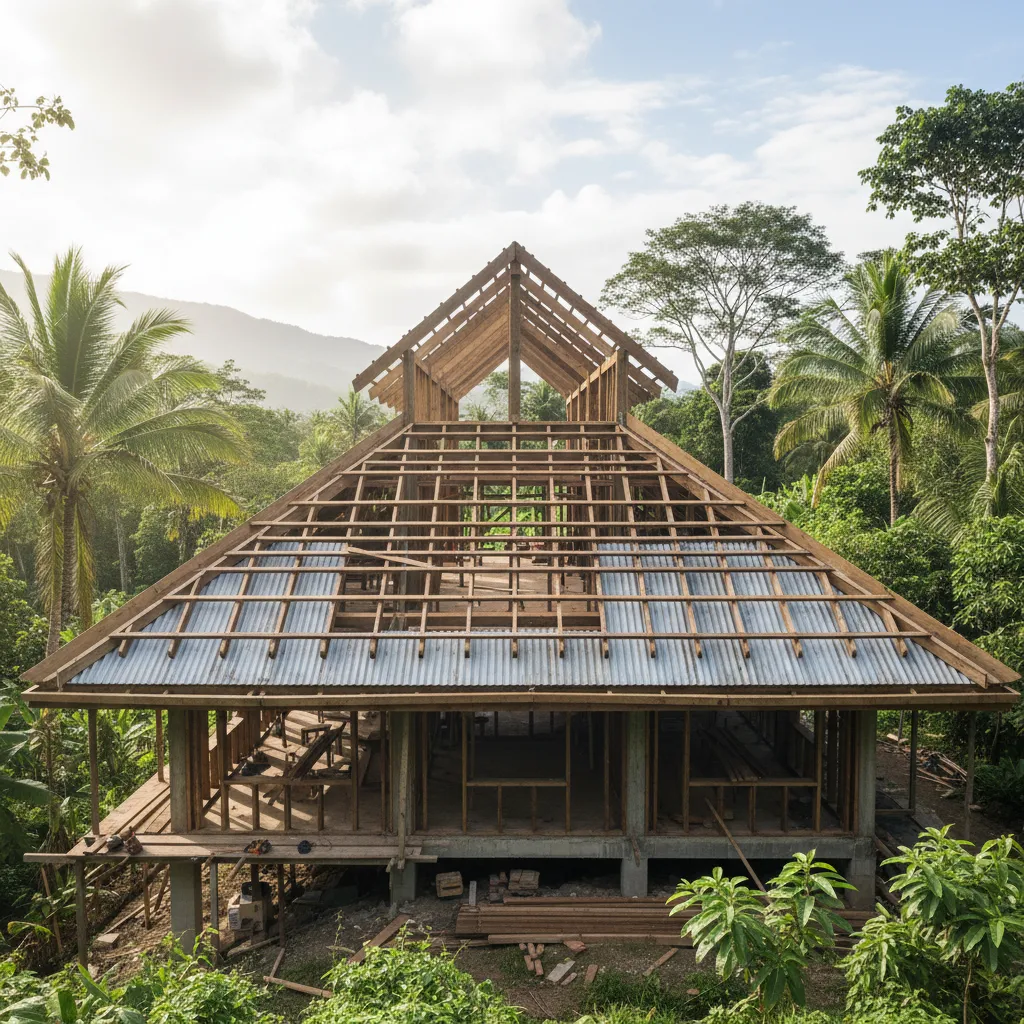 Estructura de techo inclinado con vigas visibles
