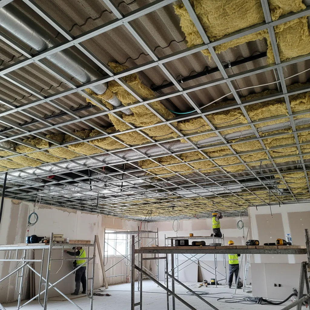 Estructura interior instalada bajo un tejado de uralita durante una reforma