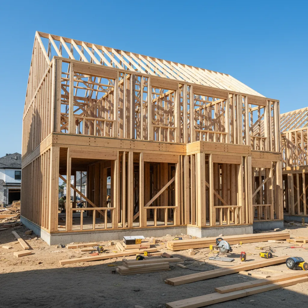 Estructura de entramado de madera en construcción