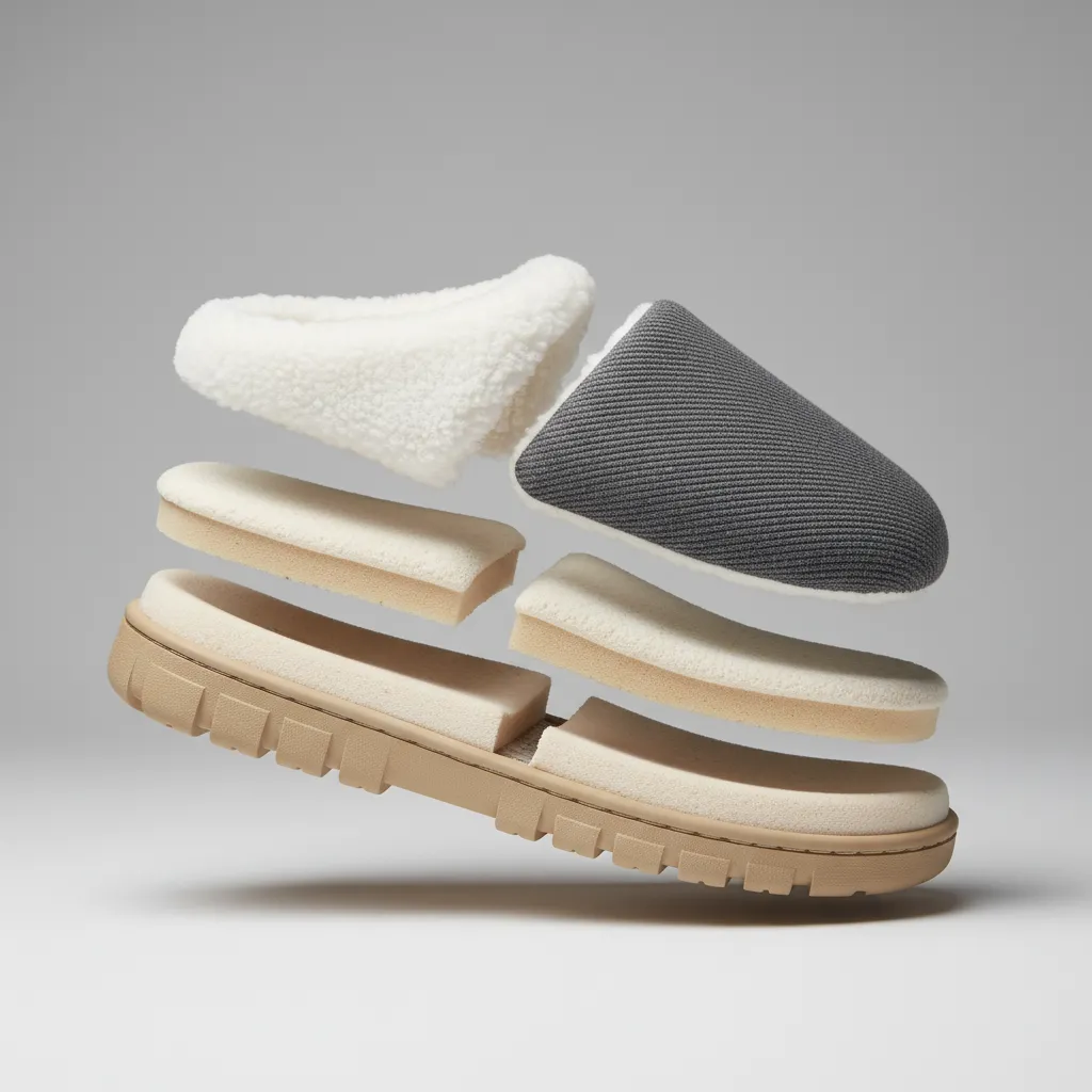 diagrama de las partes de una zapatilla de estar por casa mostrando suela, plantilla y material exterior