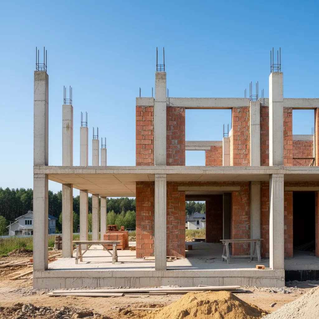 estrutura de casa em construção mostrando pilares e vigas