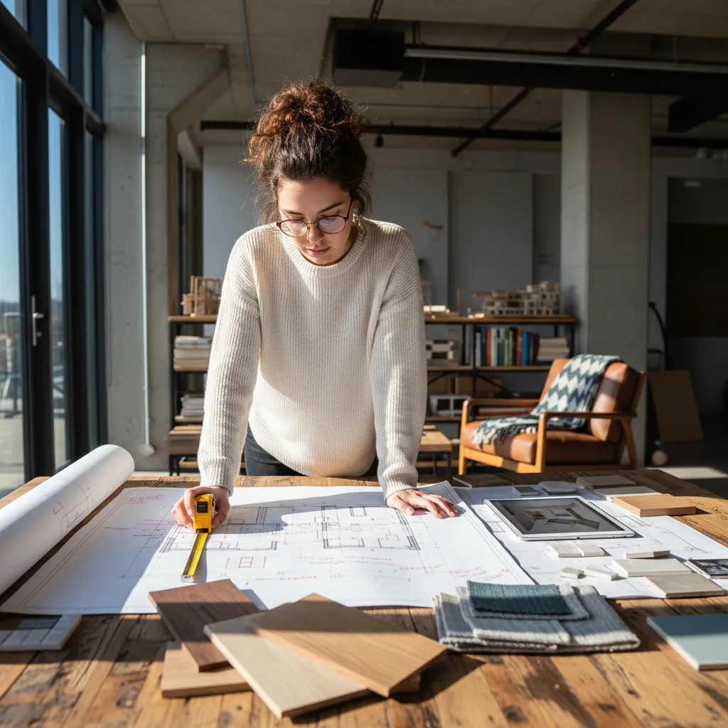 estudiante analizando planos y muestras de materiales