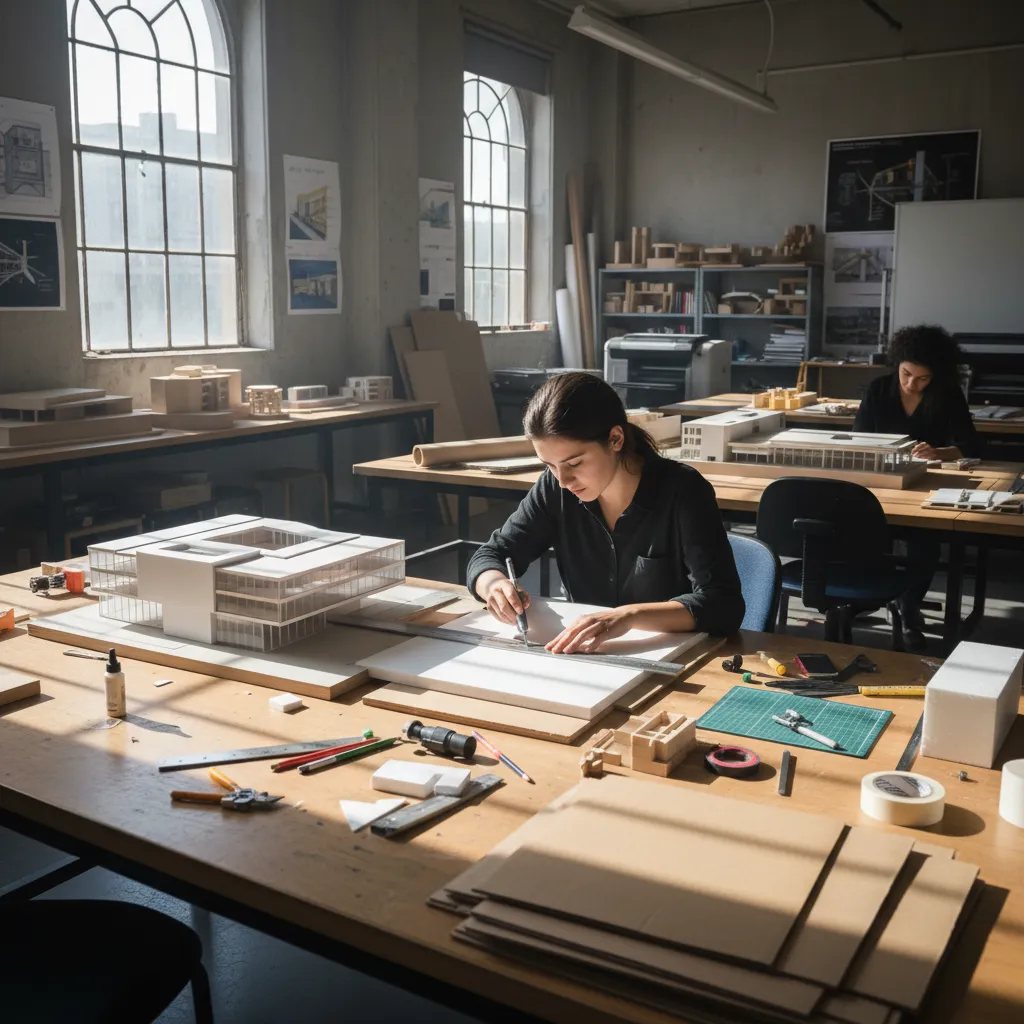 Estudiante de arquitectura trabajando en una maqueta de edificio