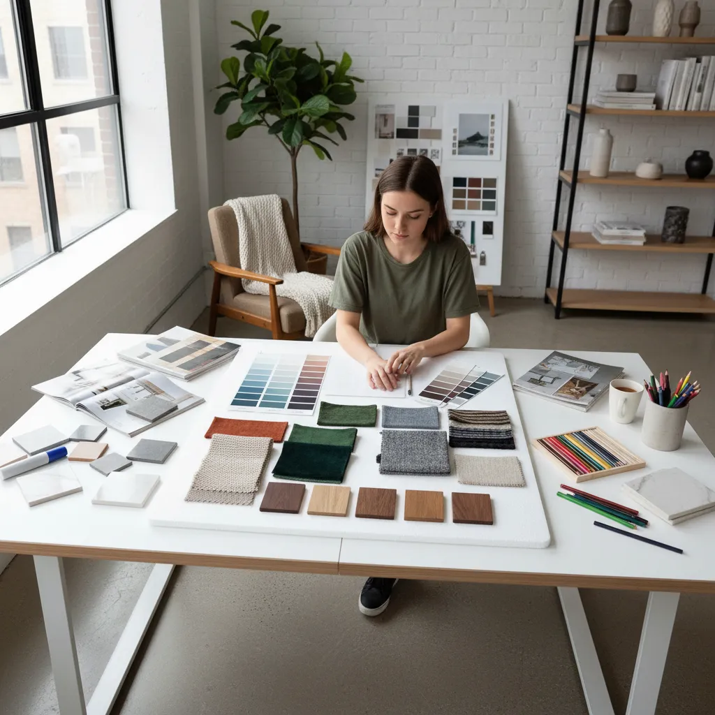 Estudiante de decoración creando un moodboard con colores, telas y muestras de materiales