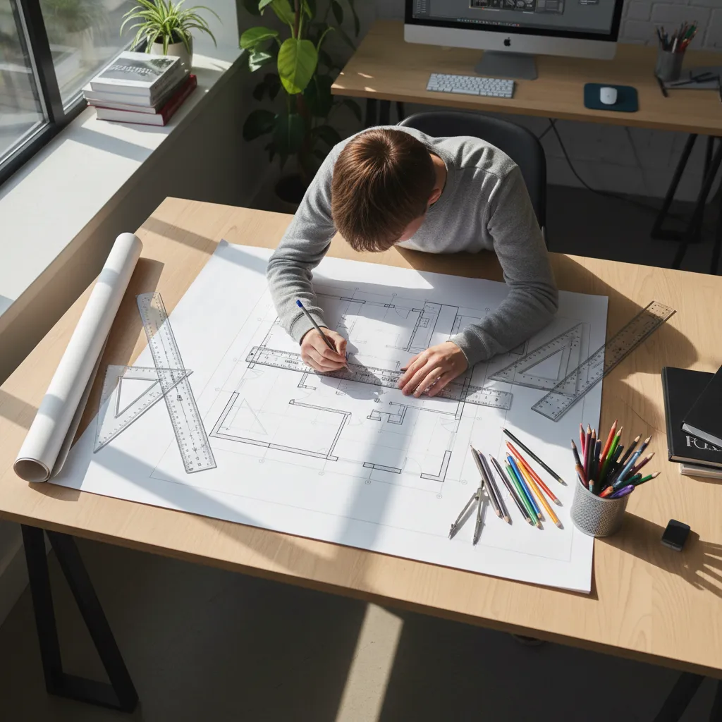 Estudiante dibujando un plano de distribución interior en papel
