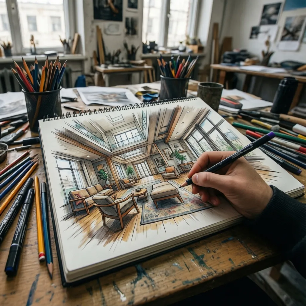 Hand sketching an interior design drawing with sofa coffee table and windows on wooden desk