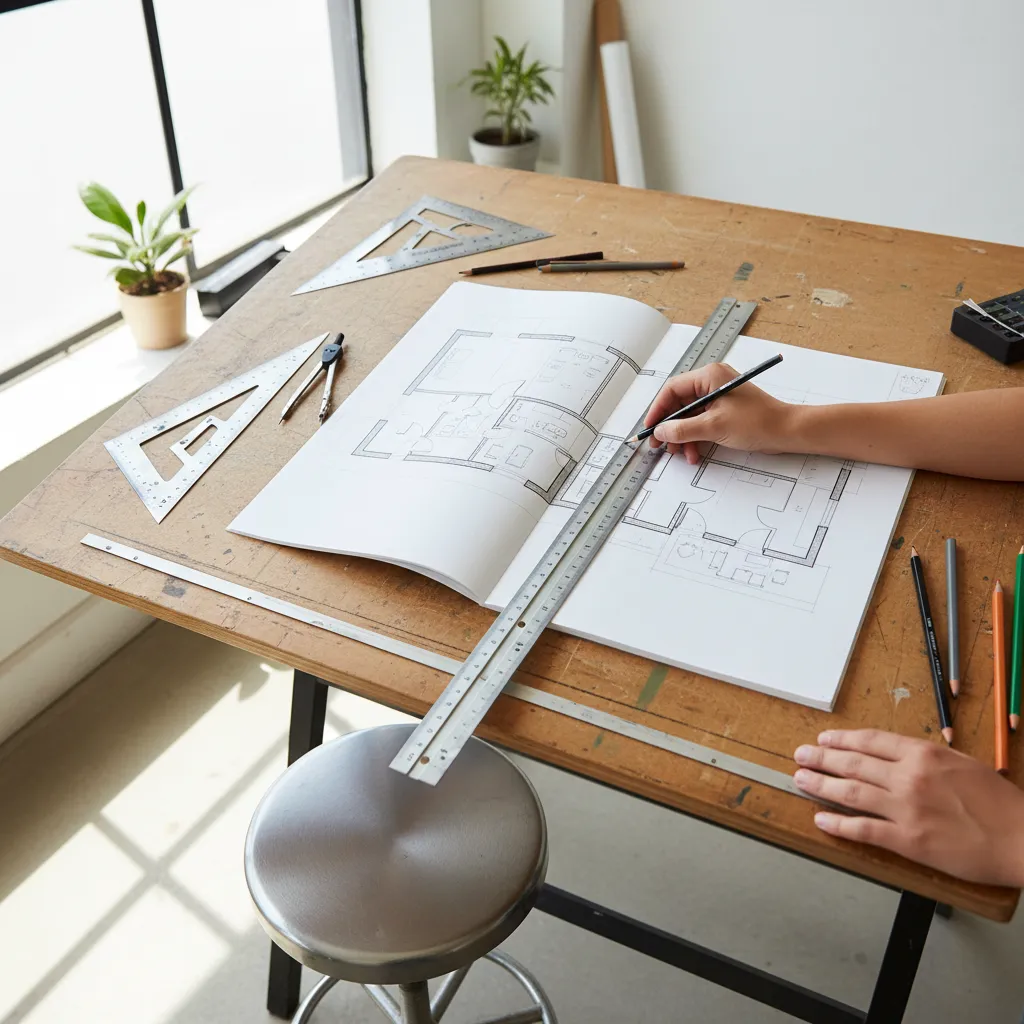 Estudiante practicando dibujo técnico de planos interiores en una mesa de trabajo