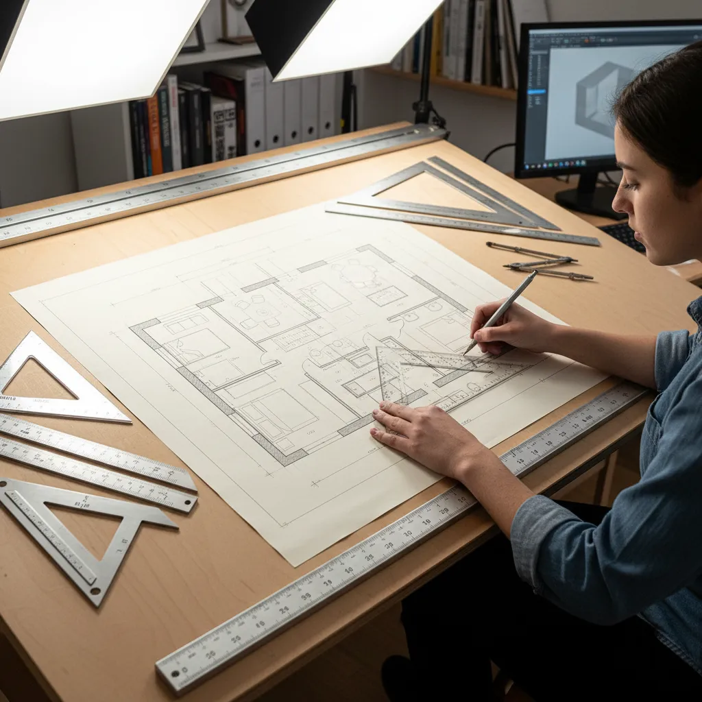 Woman using a pencil and ruler to create an interior design drawing on a desk