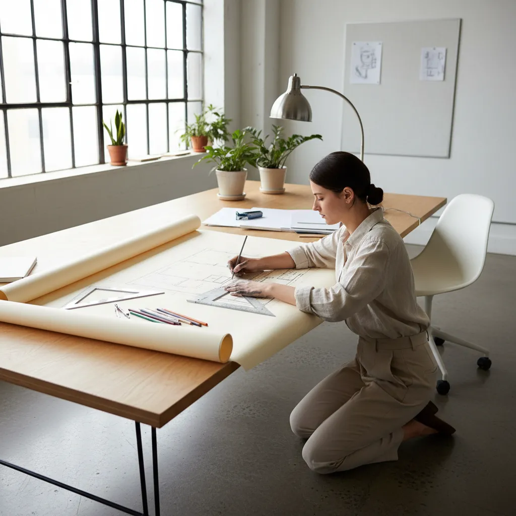 Estudiante de interiorismo dibujando un plano de distribución en una mesa de trabajo