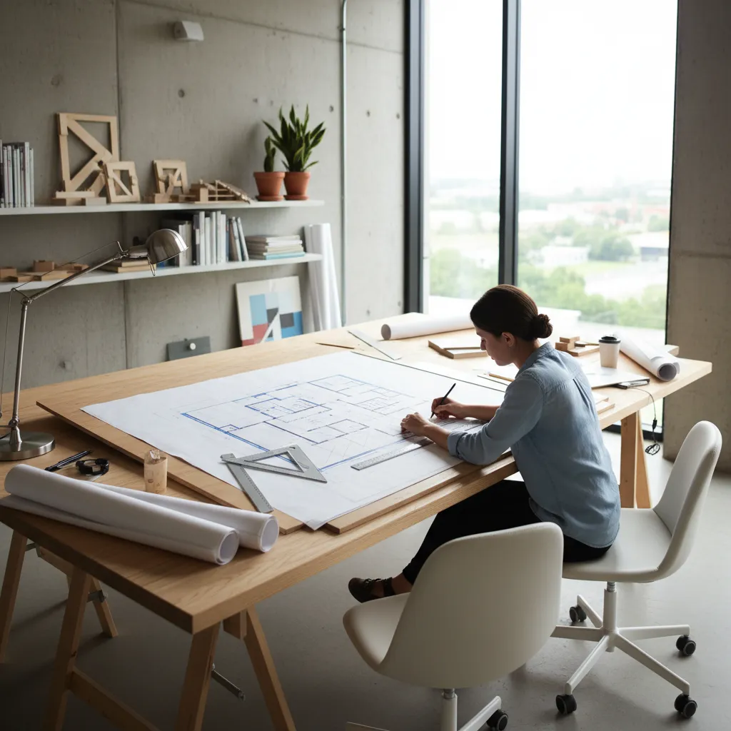 Estudiante de diseño trabajando en un plano de distribución interior