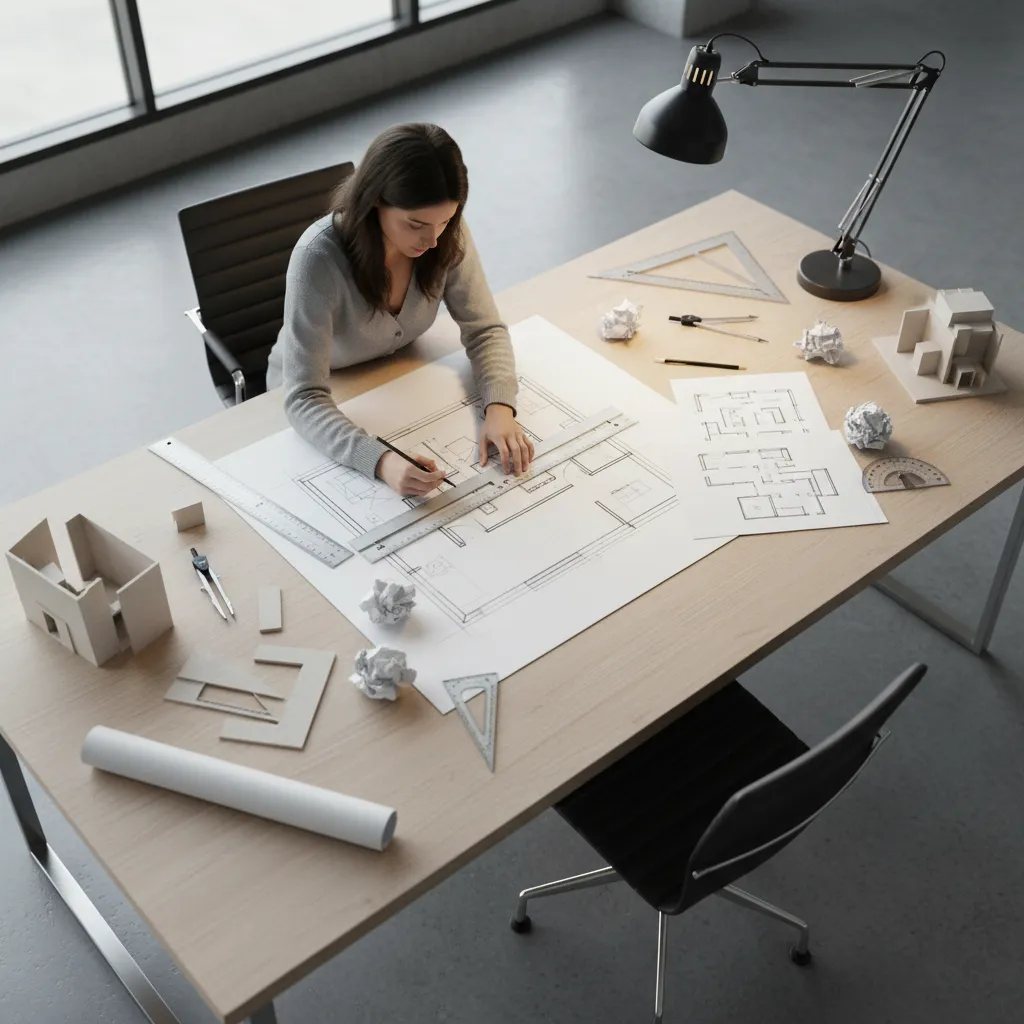 estudiante creando un plano de distribución de interiores en una mesa de trabajo