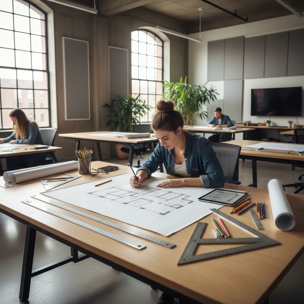 Female designer drawing a floor plan on large paper with pencils and rulers in room