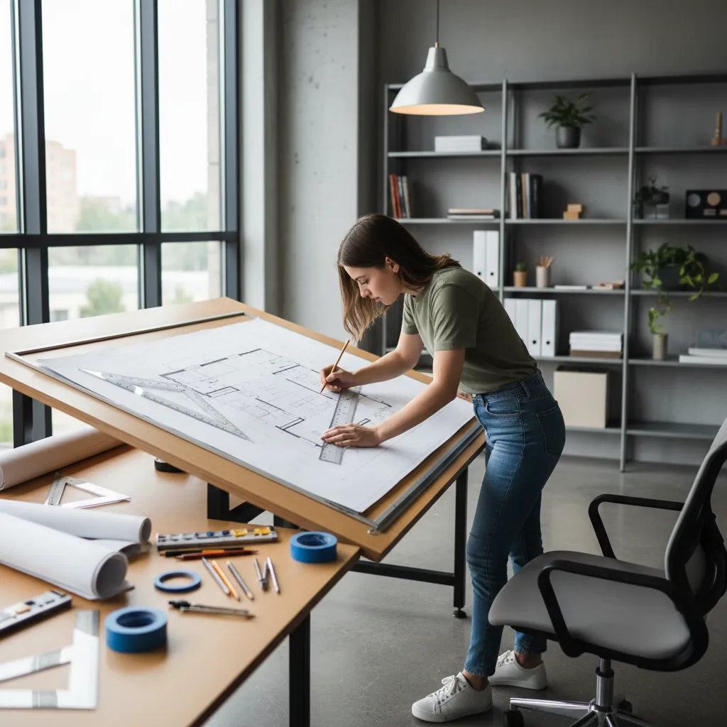 Estudiante dibujando un plano de interiorismo sobre una mesa de trabajo