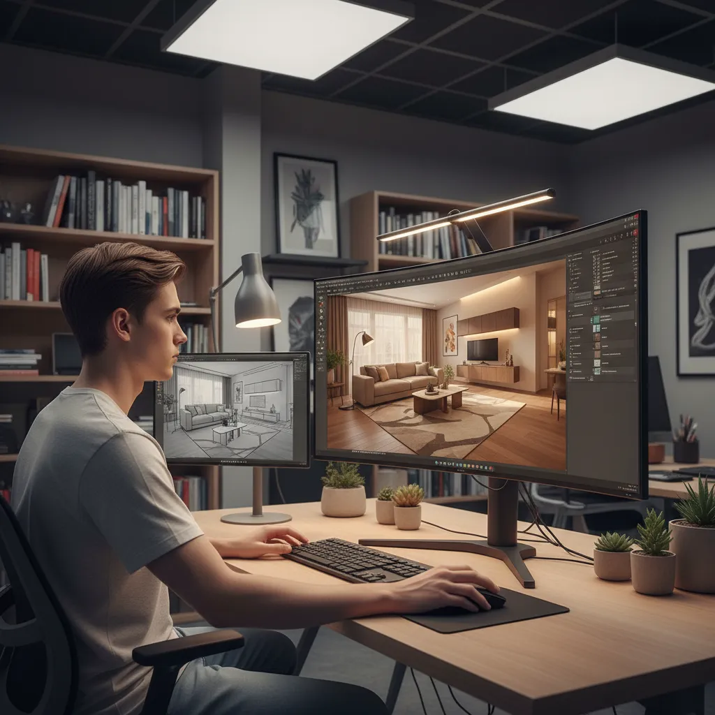 Young man working at desk with two monitors creating a living room interior design drawing