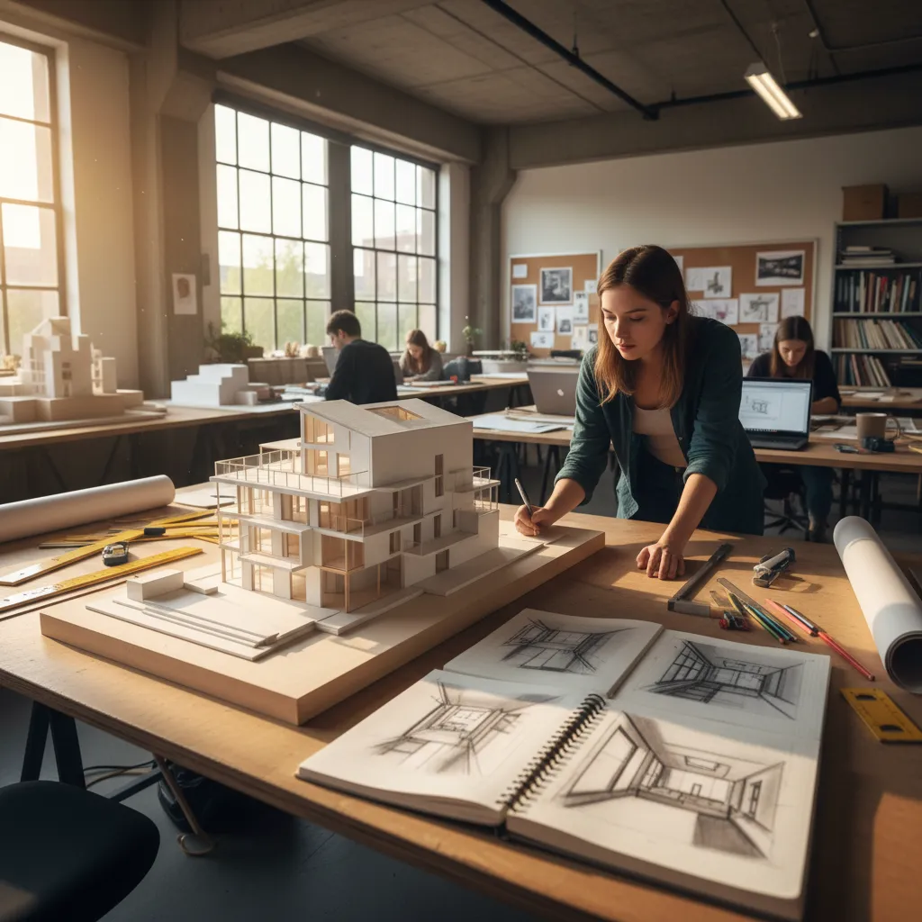 Estudiante revisando maqueta arquitectónica y bocetos de interiorismo