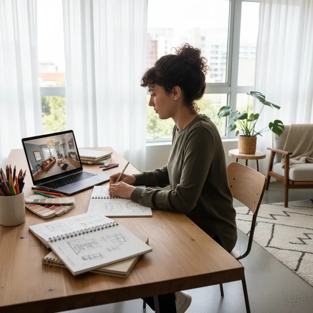 Persona estudiando diseño de interiores desde casa con ordenador