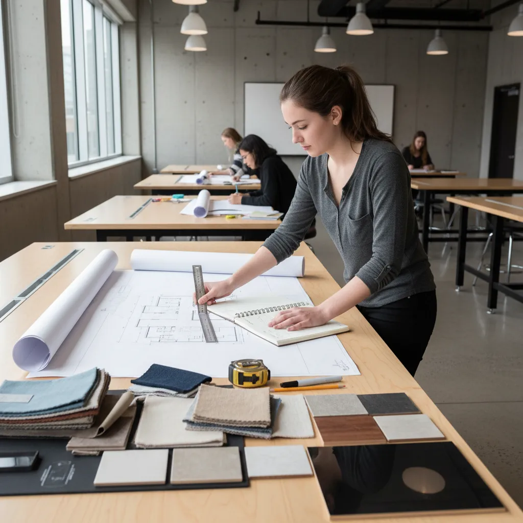 Alumno de interiorismo analizando planos y materiales en mesa de trabajo