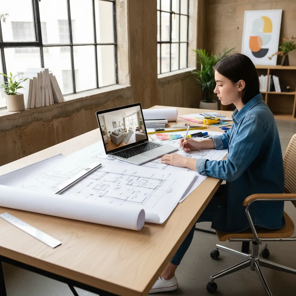 Estudiante trabajando en un proyecto de diseño interior con planos y laptop