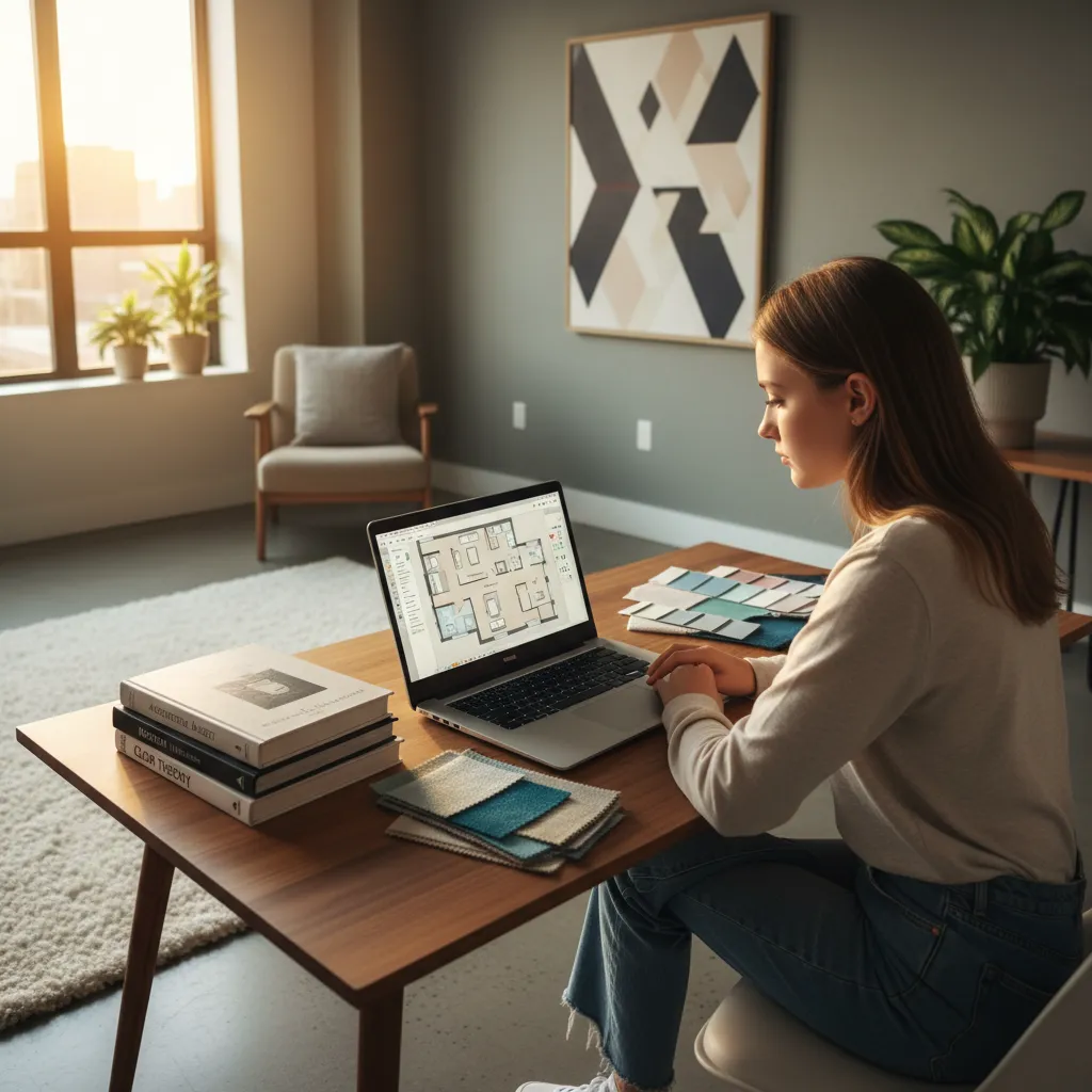 estudiante trabajando en proyecto de diseño interior en portátil