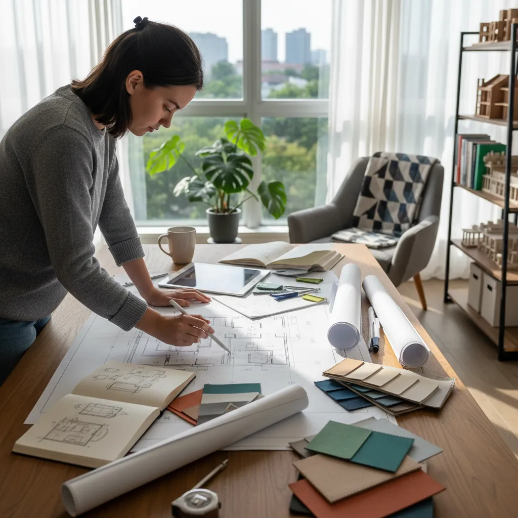 estudiante analizando planos de interiorismo en escritorio