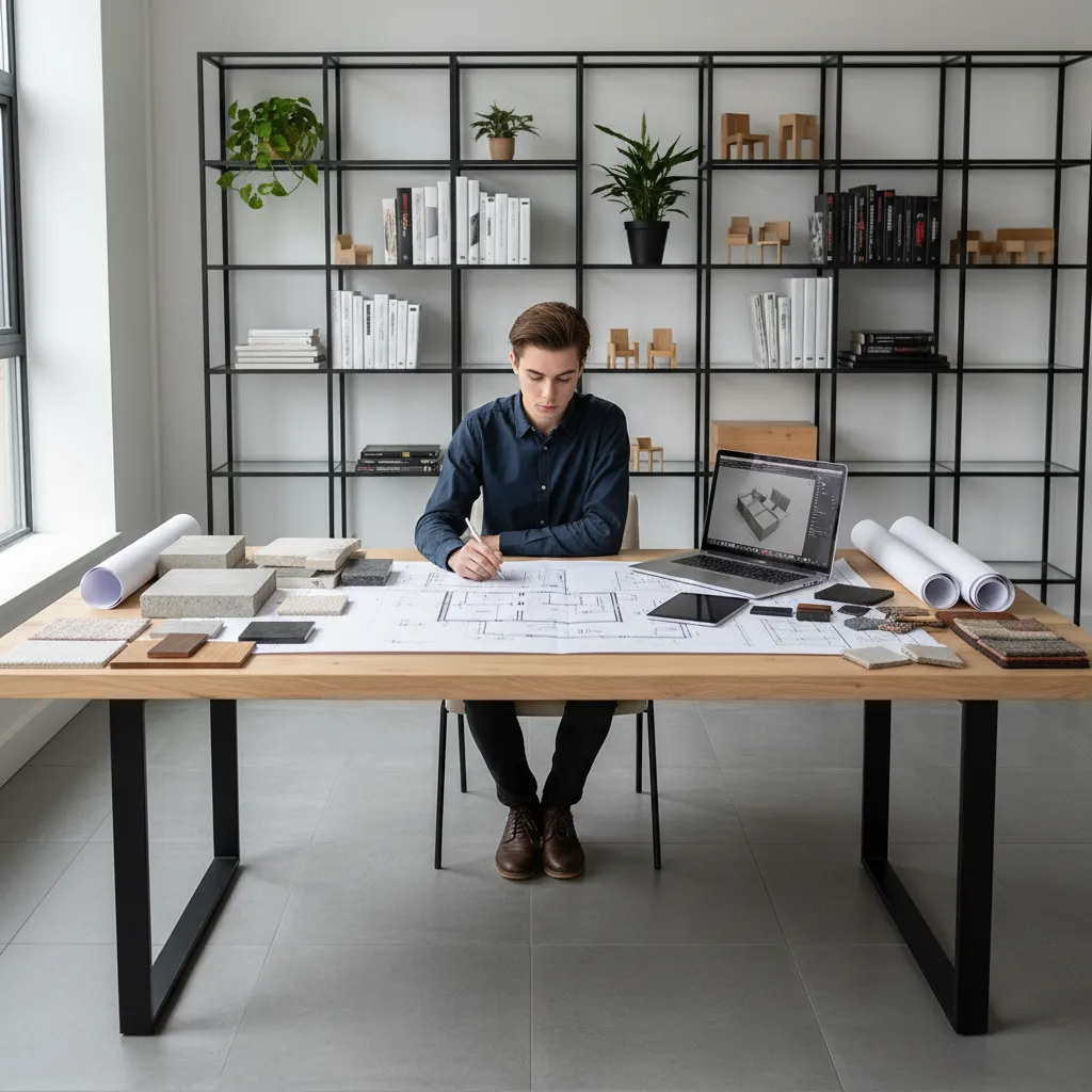 Estudiante analizando muestras de materiales y planos de interiorismo