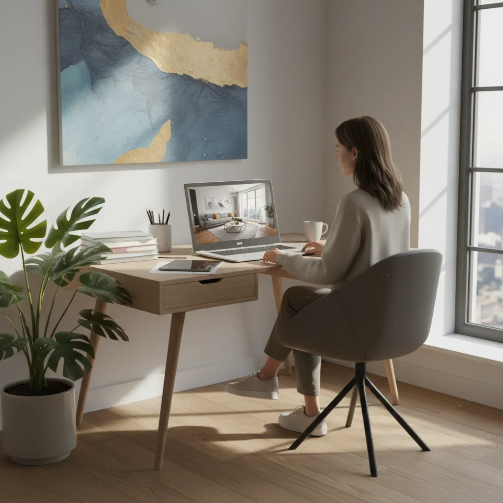 Estudiante practicando diseño de interiores en ordenador portátil