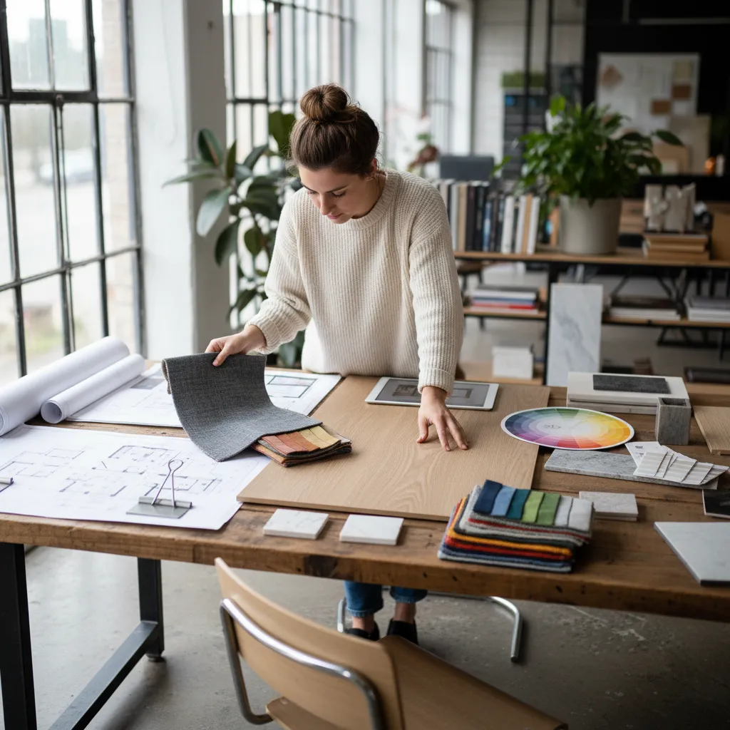 Estudiante de diseño interior trabajando con muestras de materiales y planos