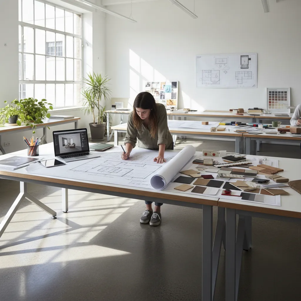 Estudiante de diseño de interiores trabajando en planos y muestras de materiales