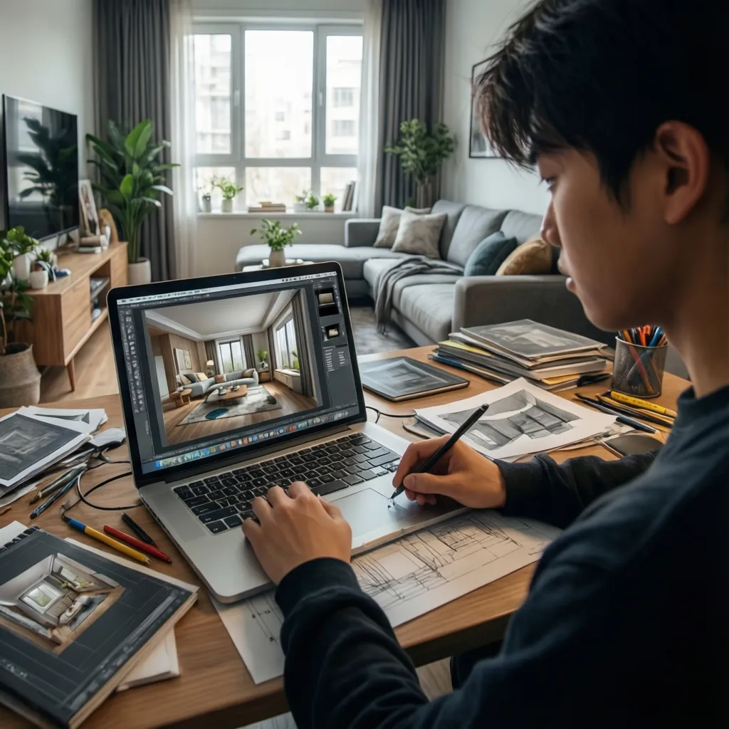 Estudiante practicando diseño de interiores desde casa con ordenador