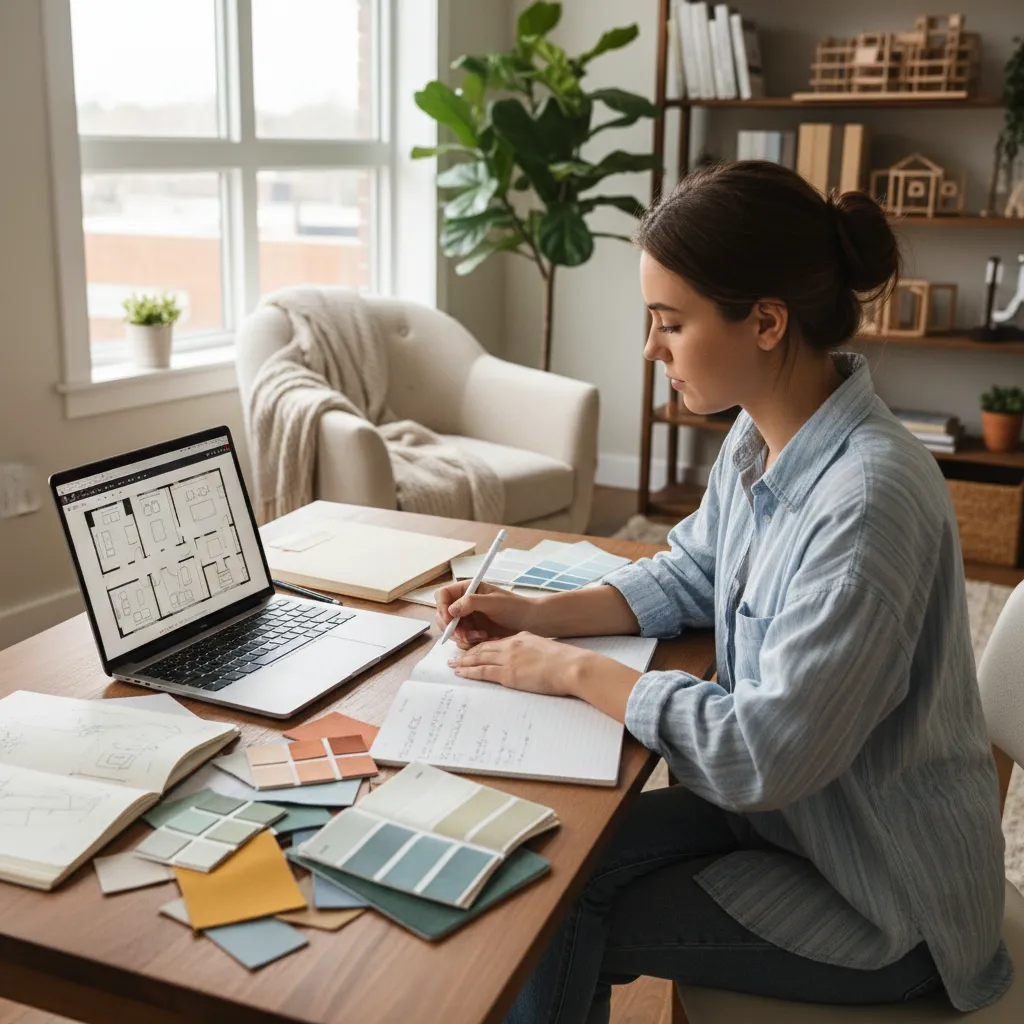 Estudiante practicando decoración de interiores en casa con laptop