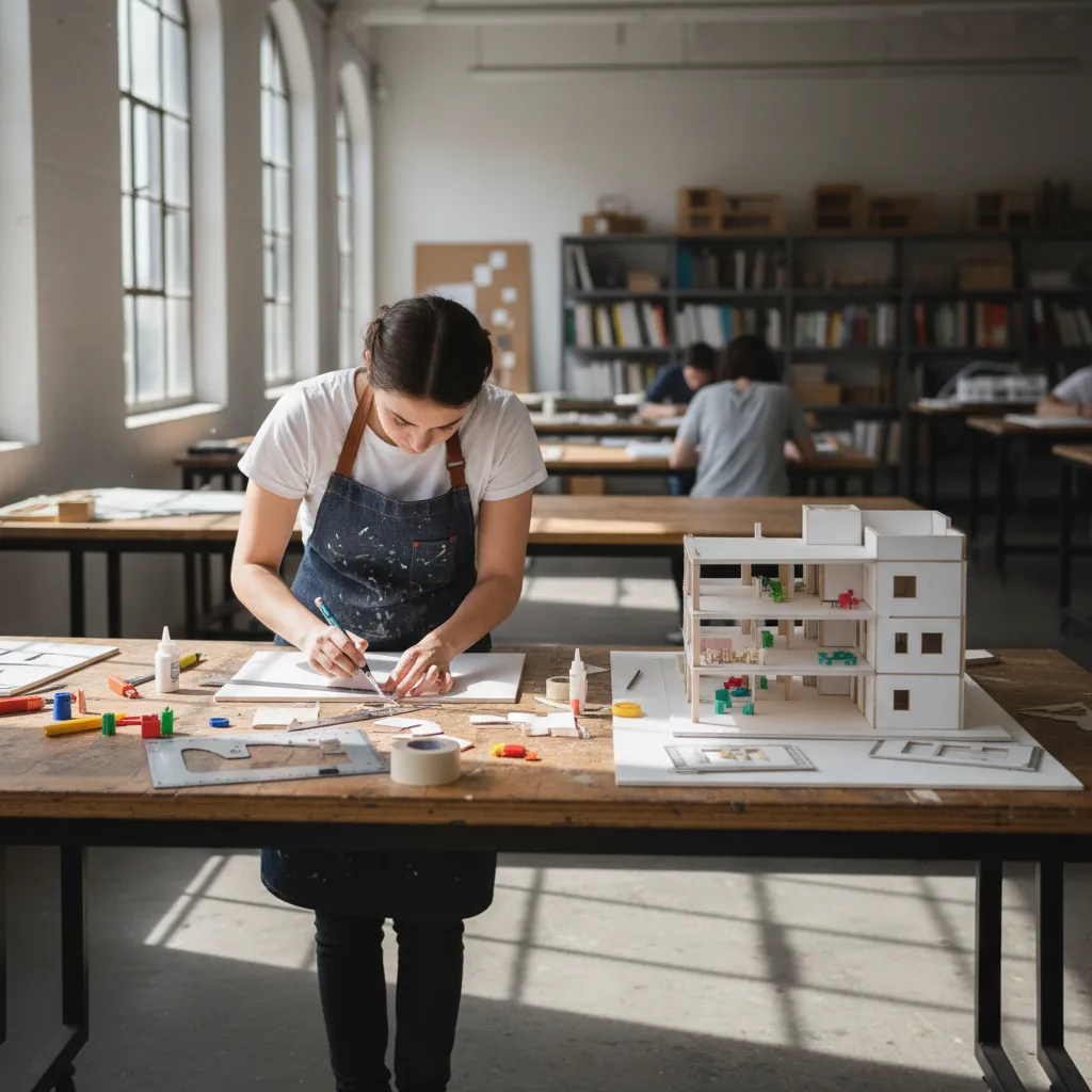 Woman wearing apron building white house model on wooden table in a bright sunlit studio